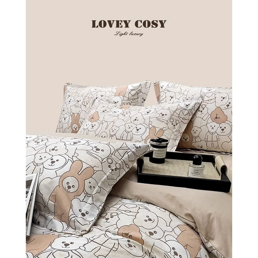 LOVEY COSY light luxury autumn and winter style cotton fur coated cartoon cartoon print children's comfortable and fresh bed four-piece set of daily necessities Xiaomeihao-pink 2-meter bed sheet four-piece-suitable for 220x240 quilt