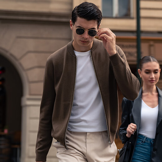 Mr. Bu's new spring and autumn wool cardigan jacket long-sleeved solid color clothes for middle-aged men BT12016 smoke pine green L (175)