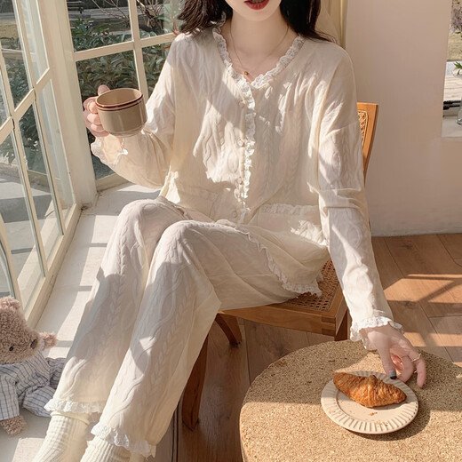 浪莎甜美2025春夏夏季提花棉质睡衣少女新款长袖长裤套装公主风家居服 带胸垫9904#杏色 M 建议80-100斤
