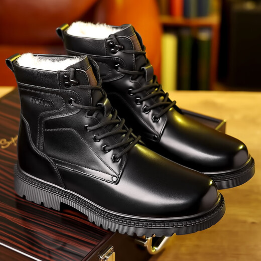 Saimandie Winter Wool Hook Military Boots a prueba de frío Botas Martin para hombres Botas de algodón de cuero genuinas Botas de lana de vaca alta TOTS 3519 Negro [Botthip plano integrado] 41