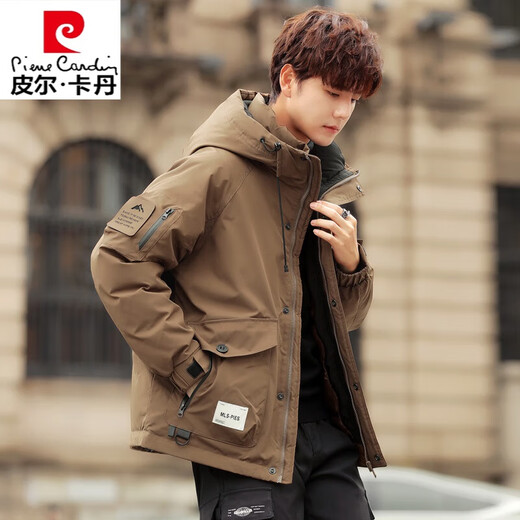皮尔卡丹（pierre cardin）连帽男士羽绒服冬季冲锋衣2024新款潮流工装简约百搭白鸭绒外套男 YR9871咖啡色 2XL 适合135-150斤