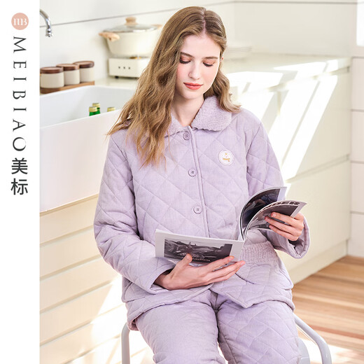 American Standard gives couples pajamas for lovers new thickened three-layer quilted warm coffee carbon winter casual suit home clothes lilac L