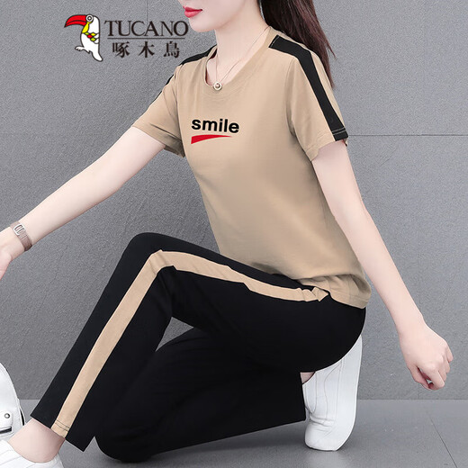 啄木鸟运动套装女夏季2025新款减龄夏款女装休闲好棉七分裤广场舞两件套 卡其(长裤套装)WK695 M (推荐80-95斤)