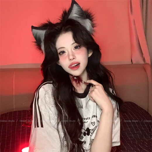 Ellilo Cat Ears Bell Headband Female Pure Desire Cos Fox Ear Plush Headband Wolf Ear Animal Ear Halloween Props Hair Accessory Wolf Ear Headband - Black Gray