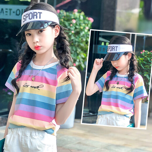 Pitt Pitt Girls Short Sleeve T-shirt 2025 Summer New Trendy T Children's Korean Loose Striped Top Medium Large Children's Summer 3505 Rainbow Stripe + 9922 White 140 cm