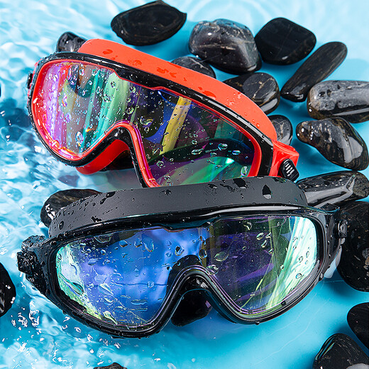 Shimeijia swimming goggles, anti-fog large-frame high-definition swimming goggles for men and women, comfortable fit, leak-proof adult diving glasses, one-piece earplugs 8031Q, electroplated style, cool black