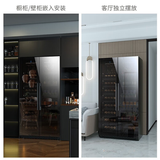 BAIKAILUN double-door double-temperature red wine cabinet mirror glass double-door constant temperature wine cabinet embedded home living room refrigerator moisturizing large-capacity office tea liquor beverage display cabinet 1.8 meters high丨dual-temperature mirror丨red wine ice bar style 112 bottles thin style