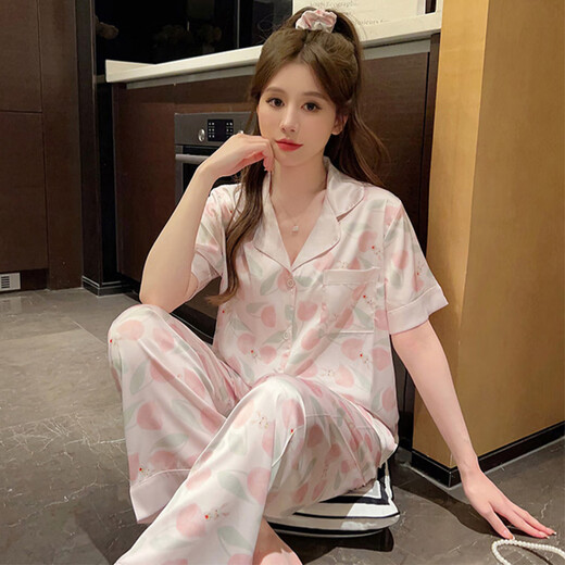 莫代尔冰丝睡衣女夏天短袖长裤感薄款网红风春秋夏季家居服套装 FS-9905水蜜桃【短袖+长裤】 M :【适合75-95斤】