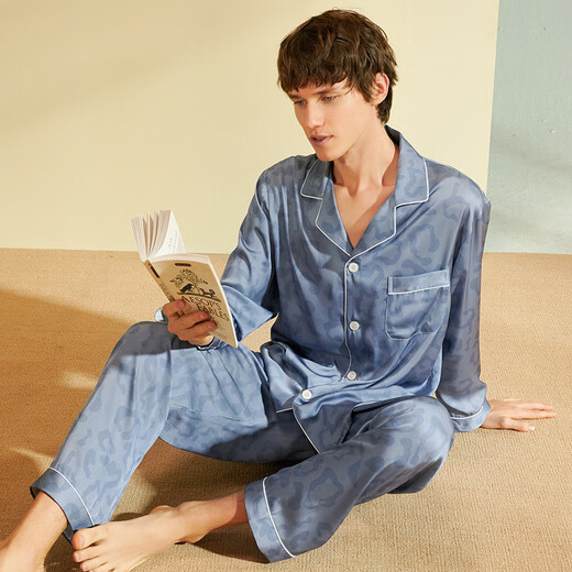 Han Shidun Spring y Autumn Pare Pajamas Pajamas Hombres y mujeres Summer de manga larga delgada Ropa para el hogar de alta gama 8802-9902 Haze Blue Men (tamaño XL)