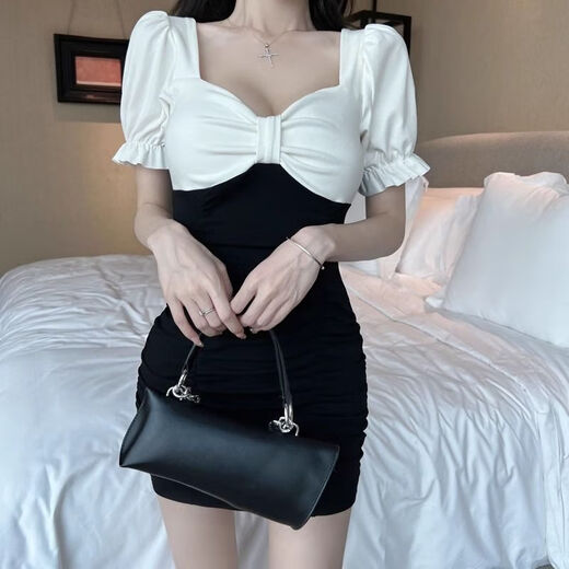 Sexy women's clothing for nightclubs, sexy hip-packing dress, bath massage skirt, technician one-piece work clothes, black and white XL [Suggested 125-135Jin [Jin equals 0.5 kg]]