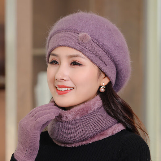 Hengyuanxiang woolen hat for women with velvet winter ear protection for middle-aged and elderly people with neck scarf thickened cold-proof knitted hat 2341 beret-black separate hat only hair hat