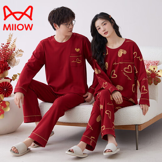 猫人（MiiOW）新款红色睡衣结婚新婚情侣套装男女冬秋季新款纯棉长袖喜庆家居服 9227女【双喜临门】 L ( 120斤)