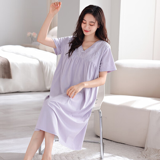 维多利亚的格调带胸垫睡裙女夏季纯棉薄款短袖中长款睡衣女士连衣裙可外穿家居服 701芋紫（带胸垫） L 【160-165c100-125斤】