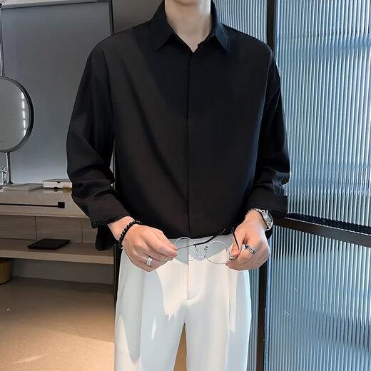 星禾莱宽松垂感黑色衬衫男长袖春秋高级感痞帅男士休闲男装白衬衣潮 白色 L 110-127斤