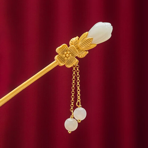 Kamalon hairpin for women, ancient style, step-shaking silver hairpin, high-end updo, high-end headwear, cheongsam, Hanfu, Chinese style gold hairpin, tassels, Hotan jade hairpin - step-shaking, spring (gold)