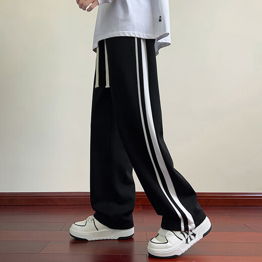 Dingfengbaoluo pantalones casuales rectos americanos de otoño para hombre pantalones deportivos de pierna ancha holgados a rayas DFK46 negro XL