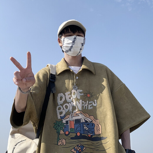 Shelley Jones美式polo衫男夏季重磅欧美高街ins潮流潮牌宽松青少年学生上衣服 橄榄绿 XL