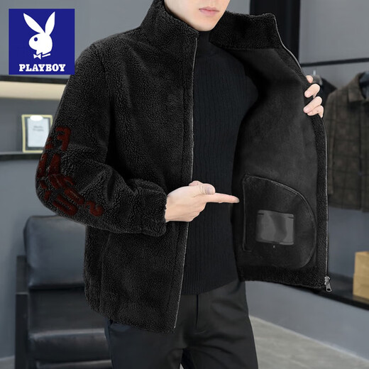 Playboy Double-sided Velvet Jacket Men's Autumn and Winter New Thick Velvet Warm High-end Loose Casual Jacket Men's Jacket Upgraded Velvet Lining Stand Collar Gray 2XL Recommended 130-145 Jin Jin equals 0.5 kg