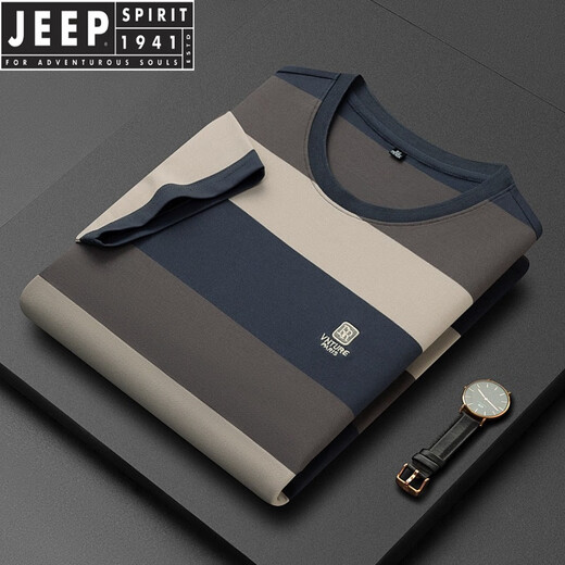 JEEP SPIRIT短袖t恤男夏季新款潮牌纯棉圆领半袖男士时尚休闲条纹T恤潮流男装 6197-牛仔蓝 48