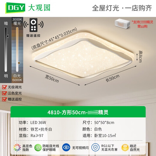 大观园（DGY）客厅吸顶灯北欧星光现代简约客厅主灯大气极简氛围护眼灯具687O 方形-50cm-精灵无极-36W-全光谱
