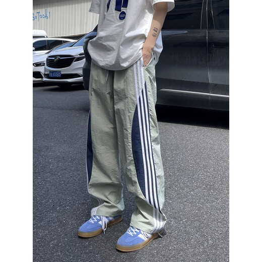 NASAWASSUP裤子男春夏季潮牌痞帅宽松阔腿休闲长裤三条杠薄款速干抽绳束脚裤 豆绿色K82-HM 2XL 【建议135-155斤】