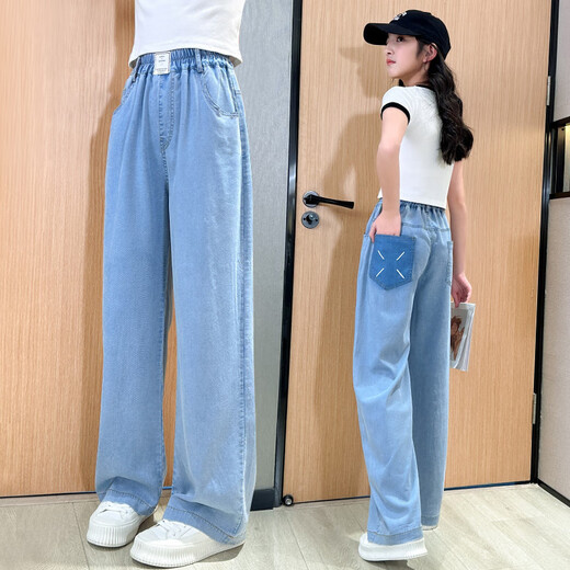 憨憨象夏季女童阔腿裤2025新款儿童裤子夏装女孩牛仔裤中大童休闲运动裤 15013蓝色+9922白色【套装】 150