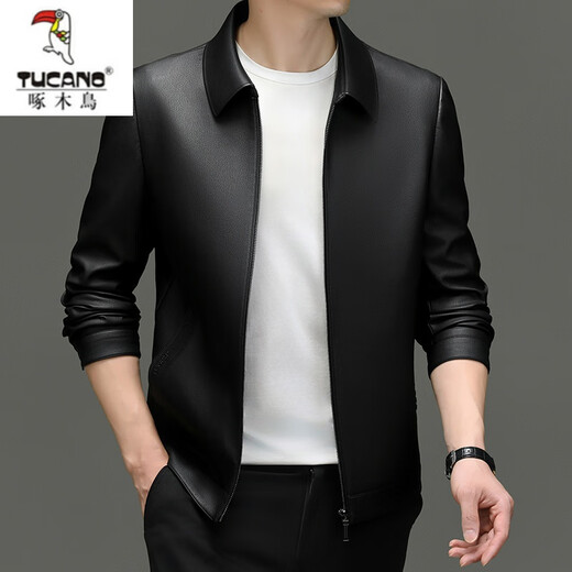 Woodpecker (TUCANO) autumn new Haining leather leather jacket men's cowhide short casual jacket daddy lapel men's leather jacket black lapel M suggests 125 Jin [Jin equals 0.5 kg] below