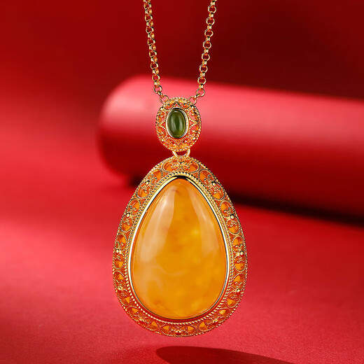 Zhuo Liang collection grade natural beeswax pendant chicken oil yellow amber water drop pendant necklace women's sweater chain for mother natural beeswax amber (with certificate)