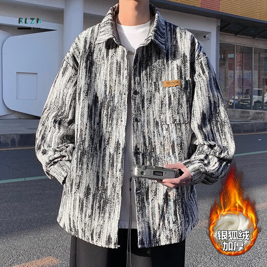 
RLZN Fatty Large Size Tie Dye Small Flavor Jacket Men's Spring and Autumn Plus Large Size Fashionable Brand Loose and Slim Lapel Student Jacket J683J Plus Fleece Black 3XL180-200Jin[Jin equals 0.5 kg]