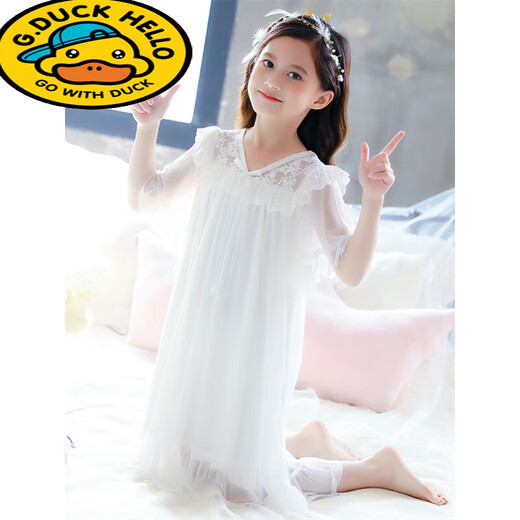 G.duck little yellow duck girls pajamas summer children thin short-sleeved lace modal nightgown little girl palace style parent-child JY1477 white long sleeve 120