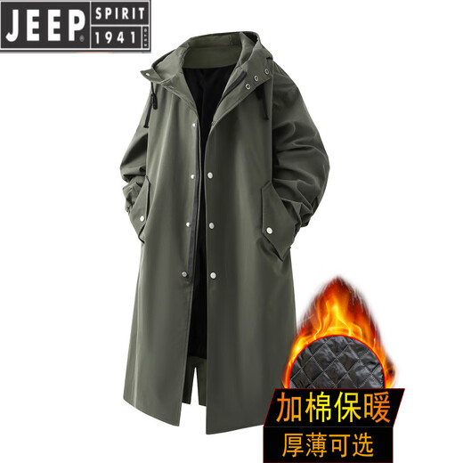 JEEP SPIRIT windbreaker men's spring and autumn mid-length over-the-knee loose hooded velvet coat large size trendy brand winter thickened coat khaki cotton 2XL