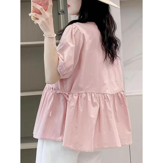 Geman maternity top summer loose belly cover short-sleeved shirt women's suit fashionable new doll shirt two-piece summer suit pink top + white shorts suit XL