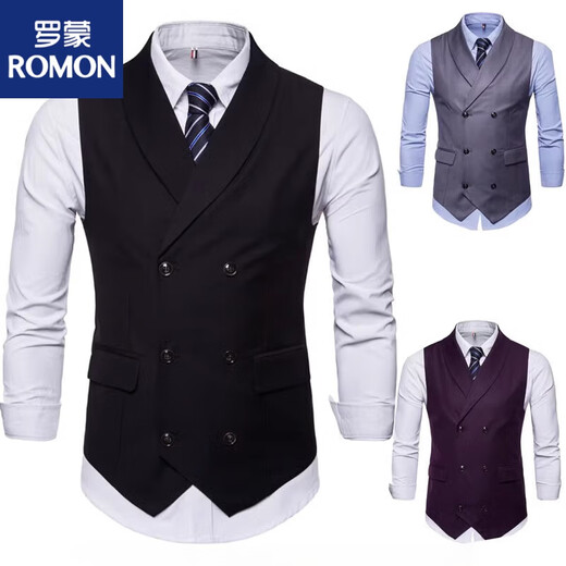罗蒙（ROMON）【标准型马甲】英伦男式双排扣西服领背心时尚简约韩版复古西装马 黑色 M (约适合160-170高120斤内穿)