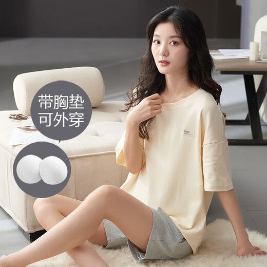
LangSha (LangSha) pajamas with chest pad for women in summer short-sleeved thin cotton breathable home clothing for girls in summer LYSM6210 XL Recommended 165-170CM/120-140Jin [Jin equals 0.5 kg]