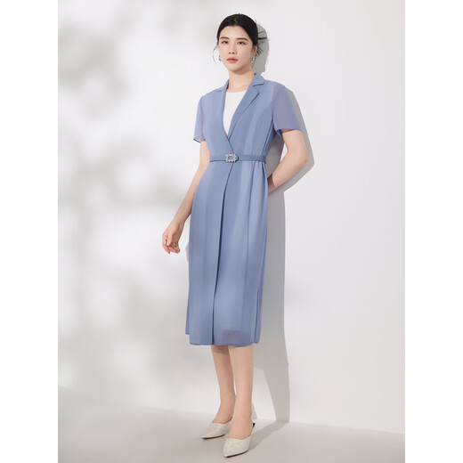 粉蓝衣橱2024夏装新款精致通勤风衣式开衫背心裙套装女5A2T659 月光蓝 M