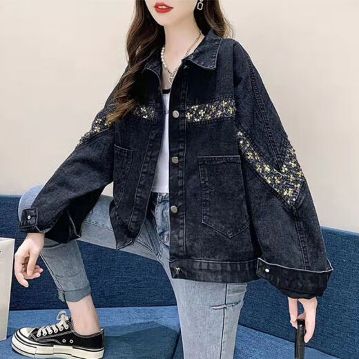 FHHUABD黑色牛仔外套女潮ins春夏秋款女装新款百搭矮个子牛仔衣2025新款 9926#黑色 S  建议80--100斤