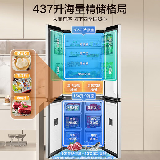 美的（Midea）【宽753mm】407/457/459十字对开门四开门60cm超薄零嵌入一级能效风冷无霜净味大容量家用电冰箱 MR-459WUSPZE 海贝灰
