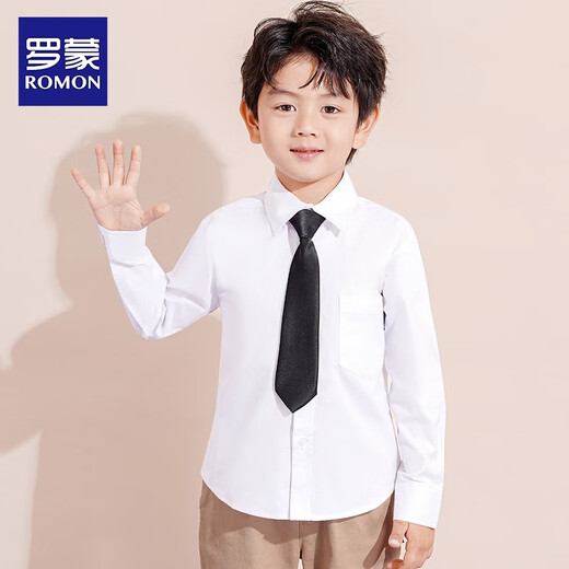 Luo Meng white shirt boys long-sleeved shirt primary school students campus clothing children's clothing shirt spring autumn winter campus performance spring and autumn shirt + black tie 140