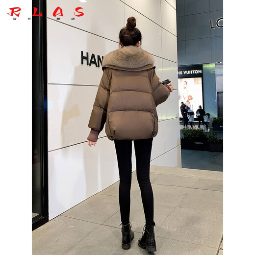 RLAS Chaqueta Corta De Plumas Mujer 2026 Invierno Nuevo Estilo Moda Y Versátil Chaqueta con Cuello De Piel Grande De Plumas De Ganso Blanco para Personas Pequeñas Marrón Lujosa Piel De Zorro S 160