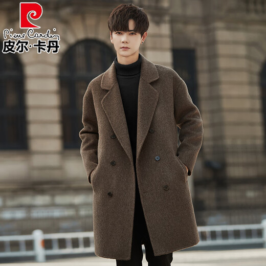 皮尔卡丹高档羊毛大衣男士中长款双排扣双面羊毛呢子外套男妮子风衣男士 深灰色 (亲肤骆驼绒) 2XL (190斤以上)