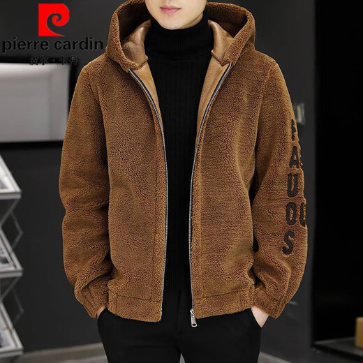 Pierre Cardin Men's Shearling Hooded Jacket Men's 2025 Winter New Polar Fleece Thickened Jacket Men's Jacket Gray 2XL 130-150Jin Jin equals 0.5 kg