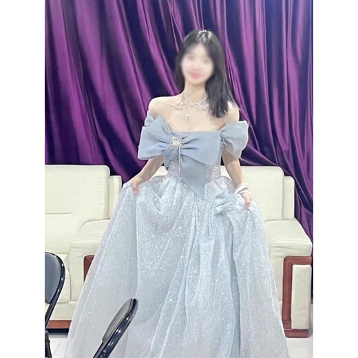 雷姆汀一字肩晚礼服女宴会气质轻奢洋气高端主持人艺考成人礼蓬蓬裙演出 灰蓝色 无肩膀两边的链条 S