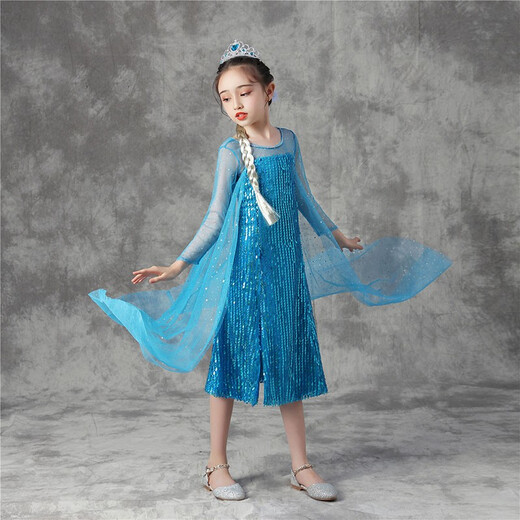 Yiai Elsa Princess Dress Autumn and Winter Frozen Girls Dress Elsa Skirt Floor-length Skirt New Year Clothes Performance Costume Blue Sequin Skirt Short 120 (recommended height 110-120cm)
