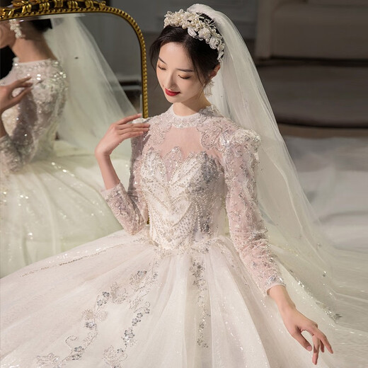 Robe de mariée de maquillage rouge 2025 Nouvelle mariée du corps principal Bodal Tapon de l'industrie lourde haut de gamme Français manches extérieures Champagne Light Champagne M Full M M