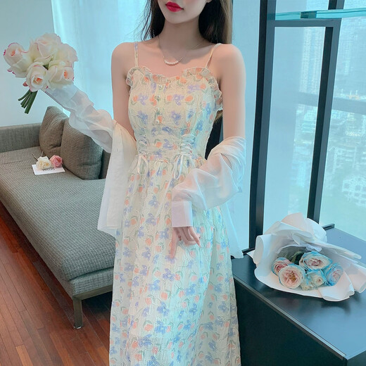 舒芳蝶（shufangdie）连衣裙套装女夏2025法式甜美小清新仙气仙森系开衫碎花吊带裙子女 678黄色吊带裙+白色开衫 M