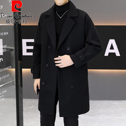 Pierre Cardin Spring and Autumn Windbreaker Men's Mid-Length Trendy Loose Casual Double-breasted Suit Collar British Style Woolen Coat Jacket Coffee Selected Woolen Fabric 2XL 135-150Jin Jin is equal to about 0.5 kg