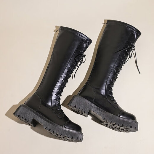 Ershan Ji Temperament Vielseitige lange Stiefel für Frauen, hohe und dünne Ritterstiefel, Reißverschluss gebundene Martin -Stiefel für Frauen, Frühlings- und Herbststiefel 36