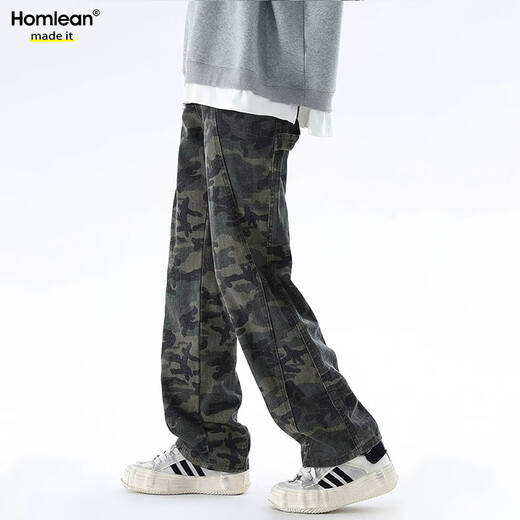 Homlean amouflage jeans jeans jeans Men's Awumn Loose American Mardy Brand Прямые повседневные длинные брюки HS42 Camouflage Black XL