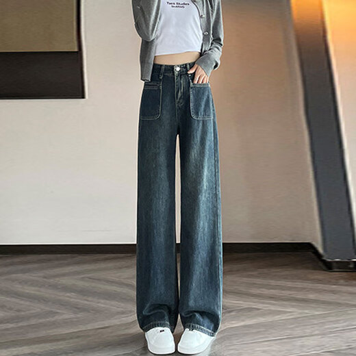 吉莞美直筒牛仔裤女春秋设计美式休闲口袋阔腿长裤小个子梨形拖地裤 679蓝灰色牛仔裤 S 建议80-95斤左右