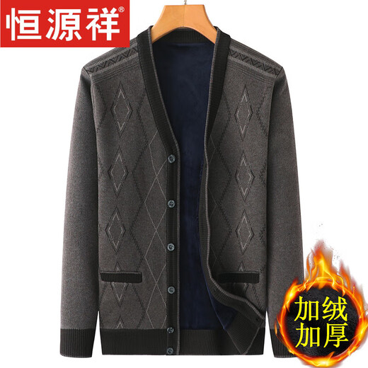 恒源祥高档男装爸爸加绒加厚羊毛针织开衫中年人男士秋冬装毛衣爷爷外套 1506驼色【全身】 加绒 L 170【135斤内】